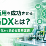 AI活用を成功させる工場DXのイメージ。現場データ化による業務改善やAI活用を表現したバナー画像